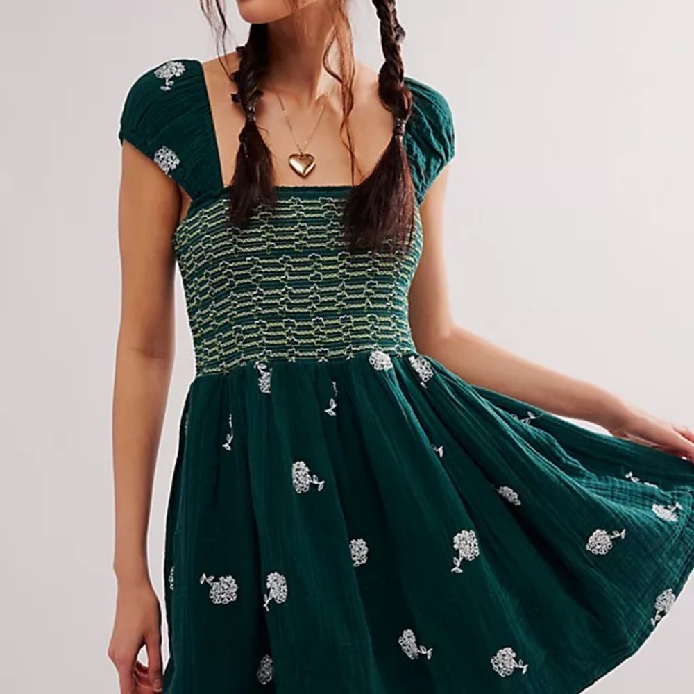 Free People Forest Green Smocked Mini Dress - Picture 1 of 6